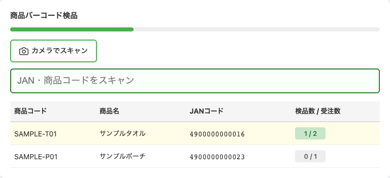 サンプルタオルの検品数1/受注数2とサンプルポーチの0/1を示す商品一覧