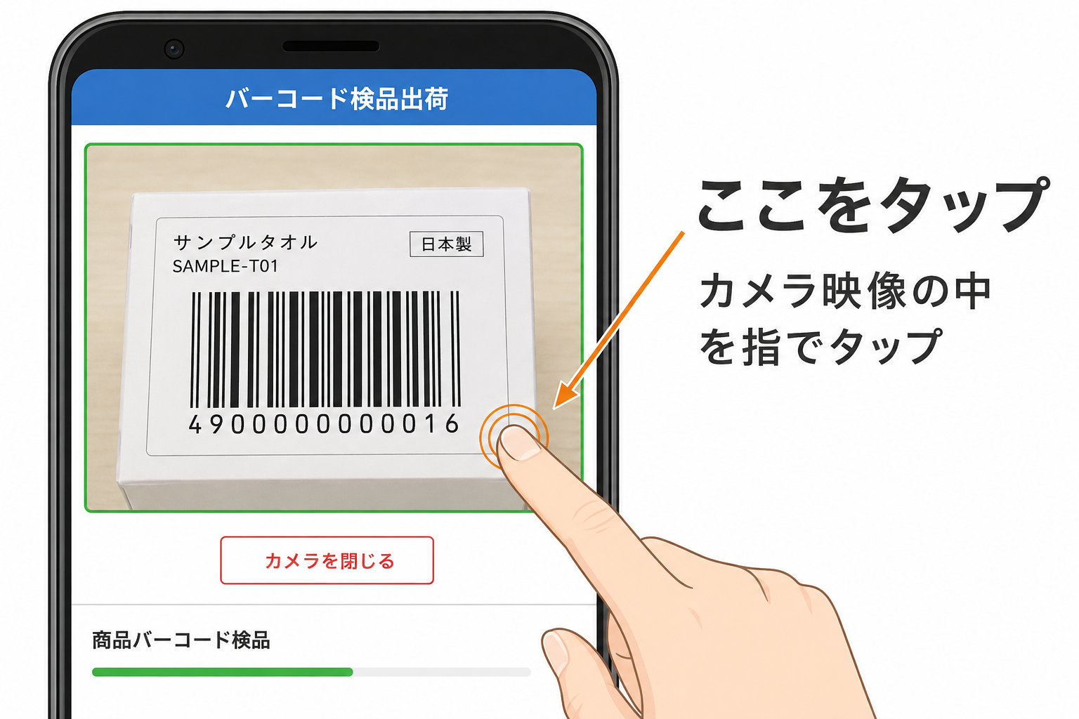 画面上部のカメラ映像の内側を指でタップする位置を示した説明図